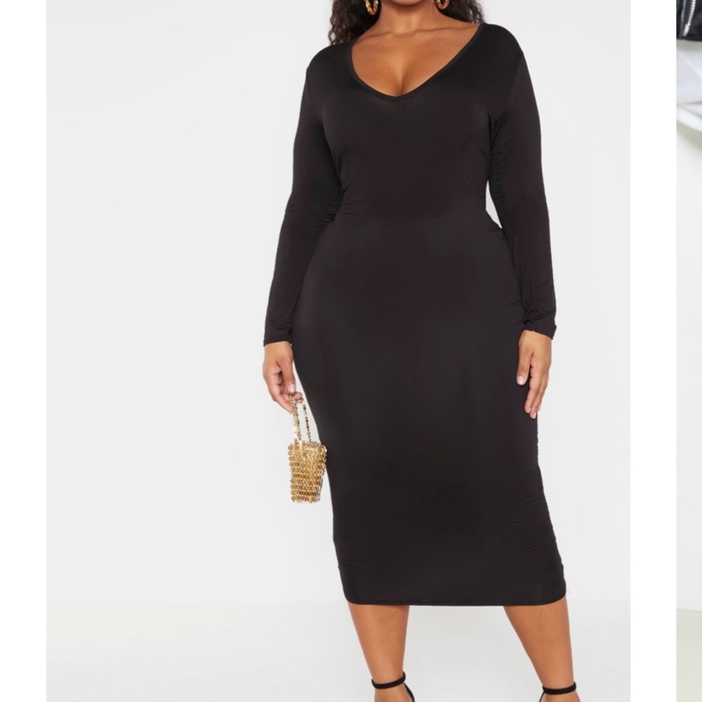 Black Jersey V Neck Long Sleeve Midi Dress